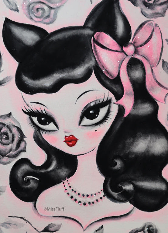 Goth Kitten Doll with Roses • Original Drawing 9x12