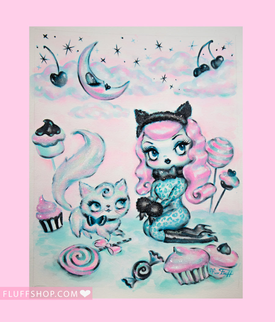 Candy Kitten Doll wih Pink Hair • Original Drawing 9x12-unframed