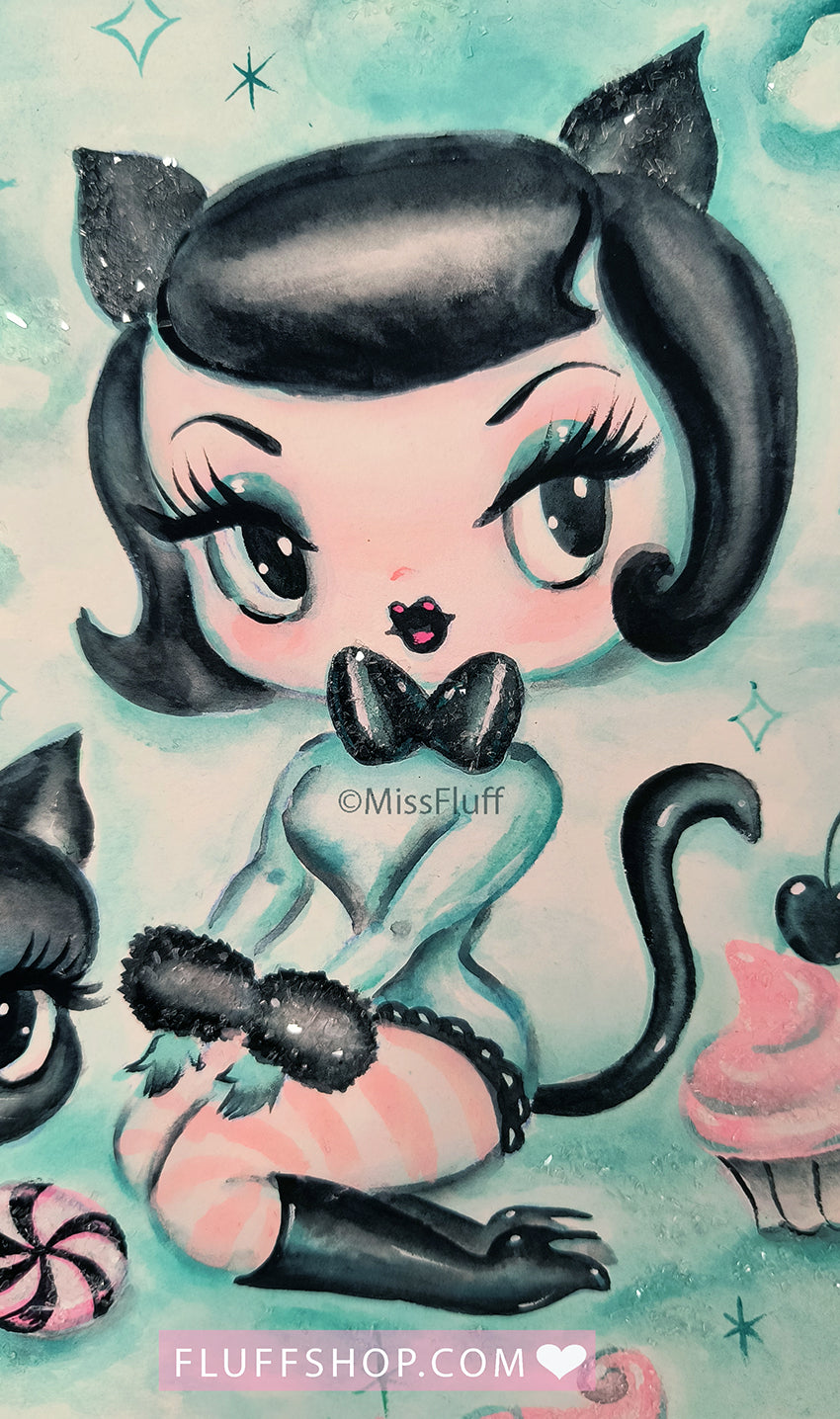 Kitten Doll with kitty & cupcakes • Original Drawing 9x12