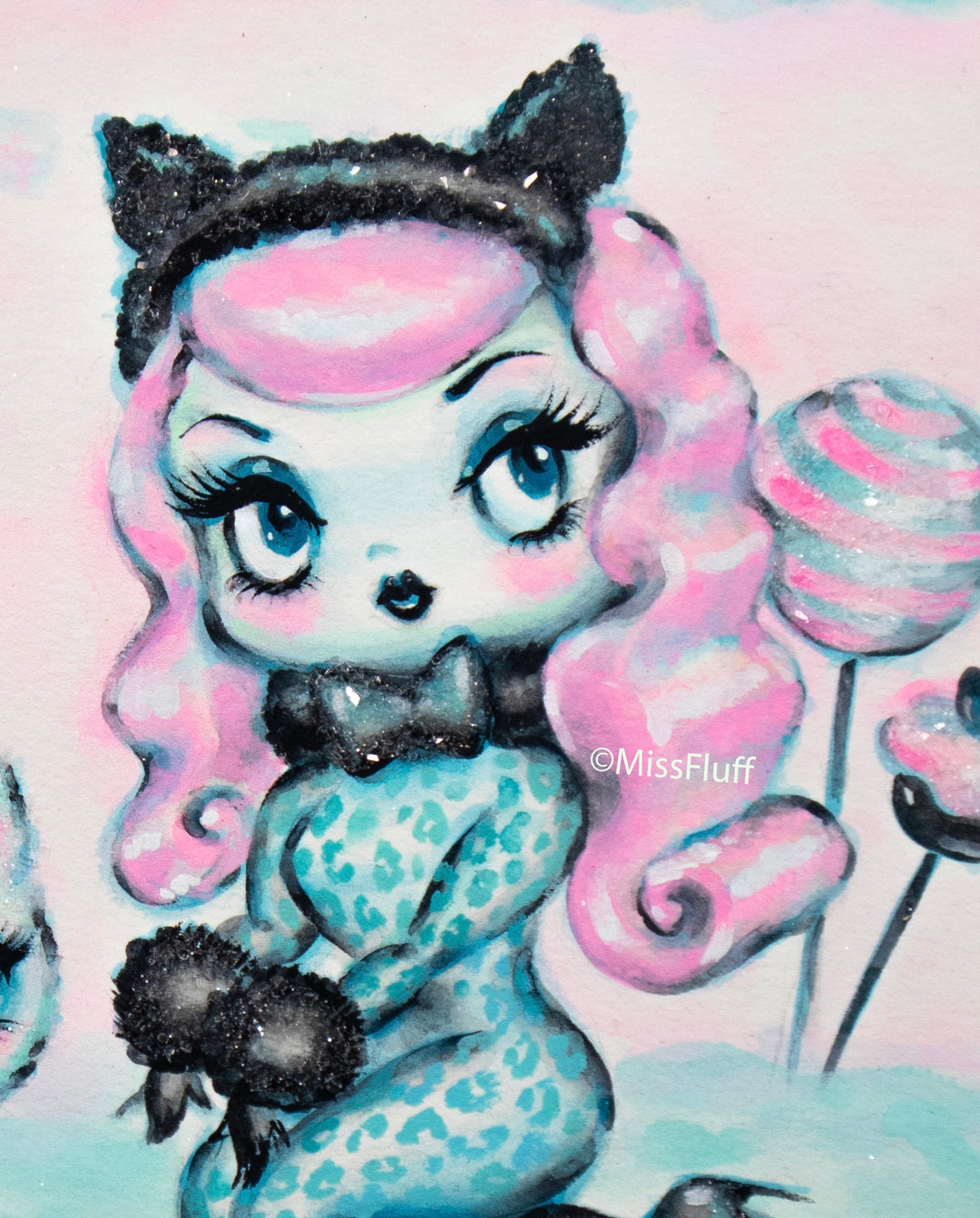Candy Kitten Doll wih Pink Hair • Original Drawing 9x12-unframed