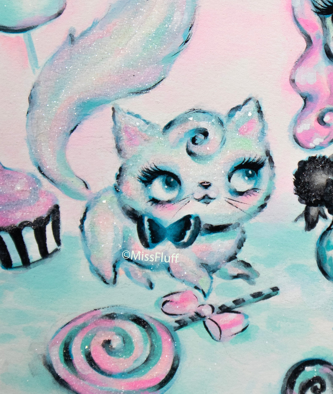 Candy Kitten Doll wih Pink Hair • Original Drawing 9x12-unframed
