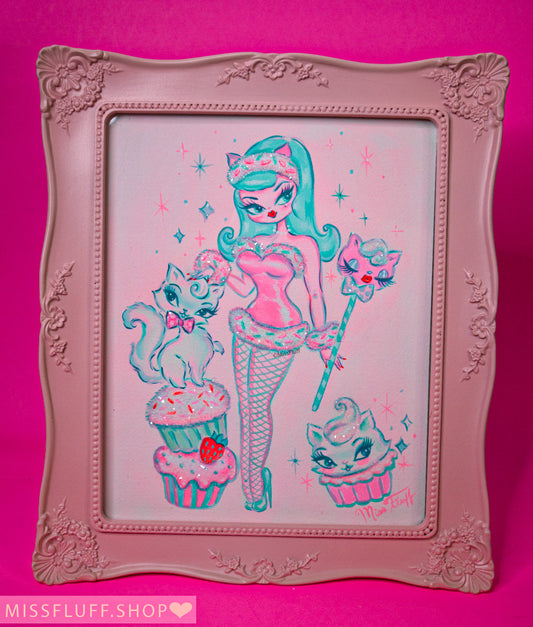 Kitten Cupcake Doll • Original Framed Drawing 11x12.5