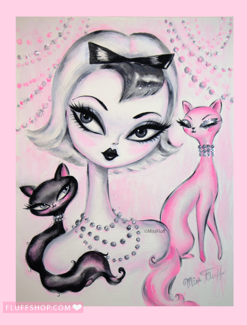 Kitten Doll with Black and Pink Kitties • Original Drawing 9x12-Unframed