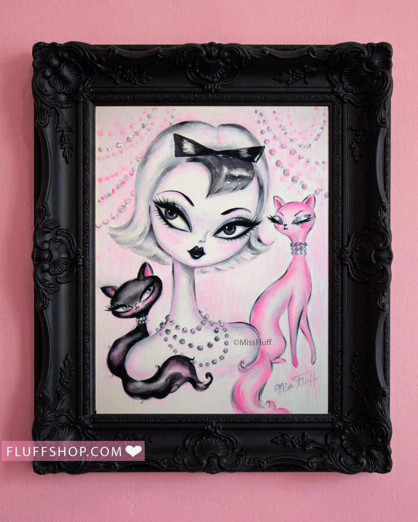 Kitten Doll with Black and Pink Kitties • Original Drawing 9x12-Unframed