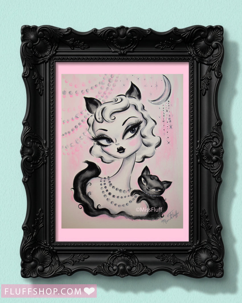 Kitten Doll with Black Kitty • Original Drawing 9x12-Unframed