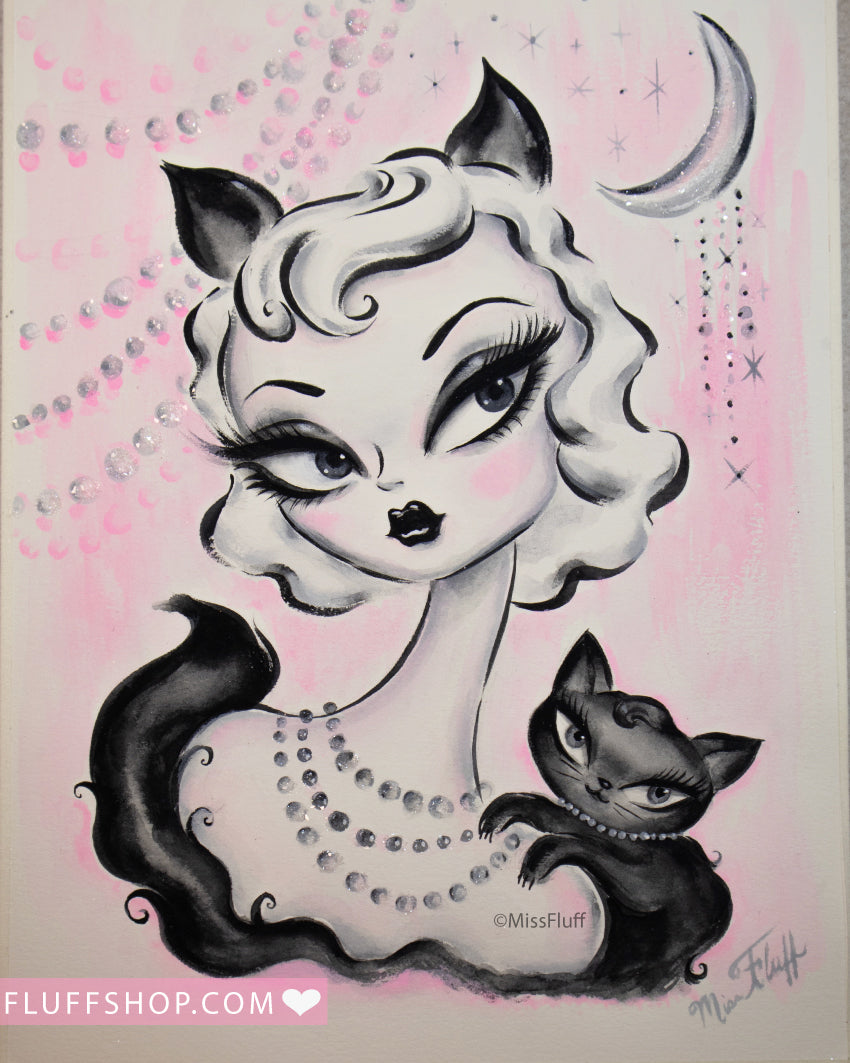 Kitten Doll with Black Kitty • Original Drawing 9x12-Unframed