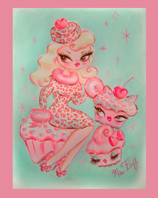 Leopard Print Cupcake Doll in Pastels- Original Drawing 9x12