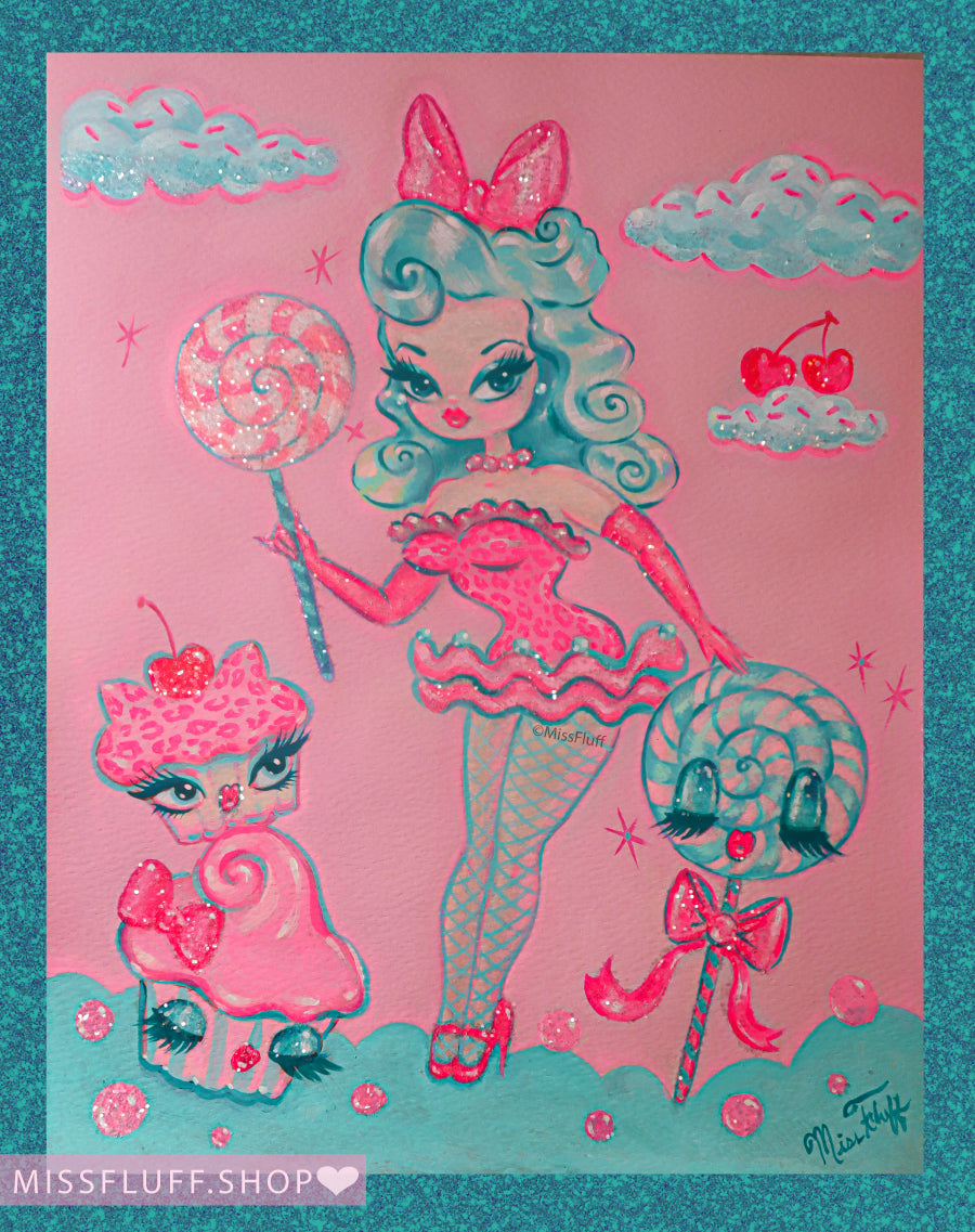 Lollipop Dolly with Cupcakes on Pink •  Original Drawing 11x14