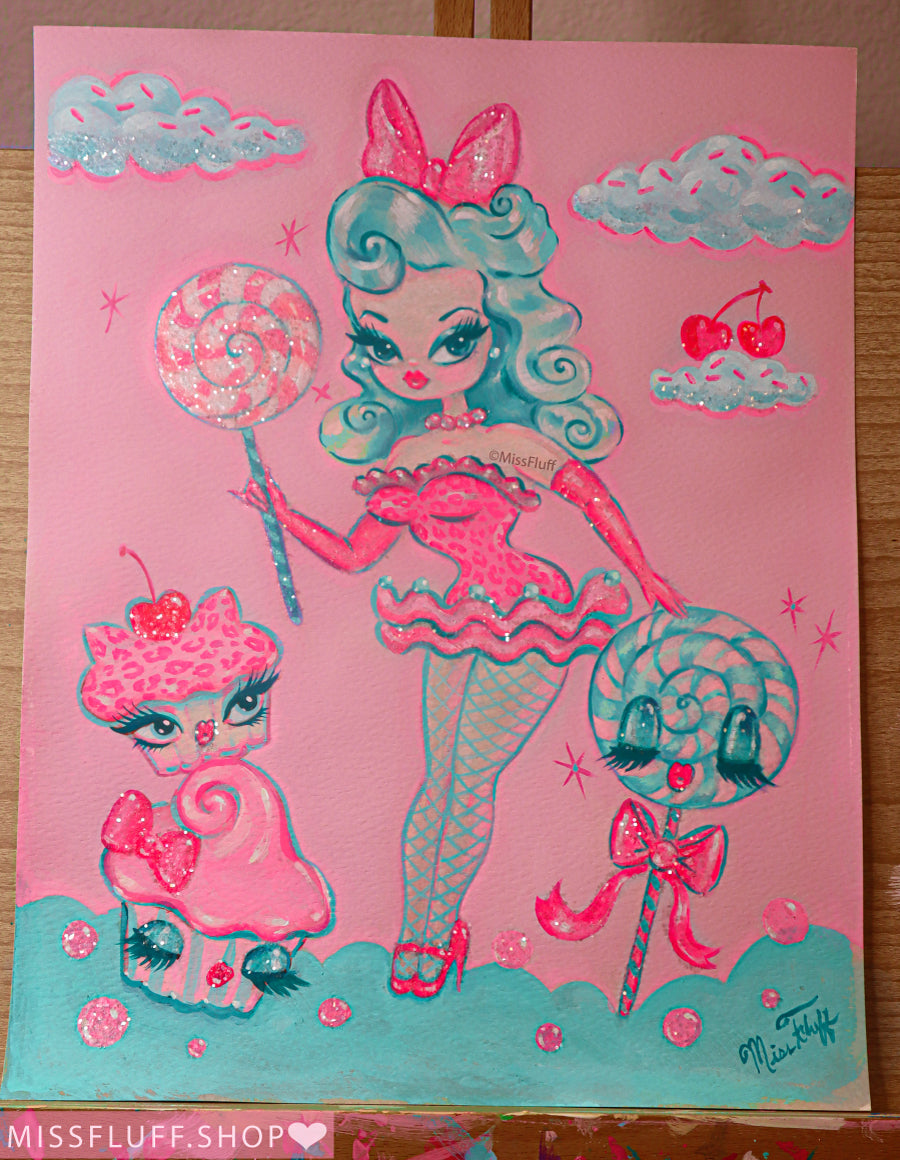 Lollipop Dolly with Cupcakes on Pink •  Original Drawing 11x14