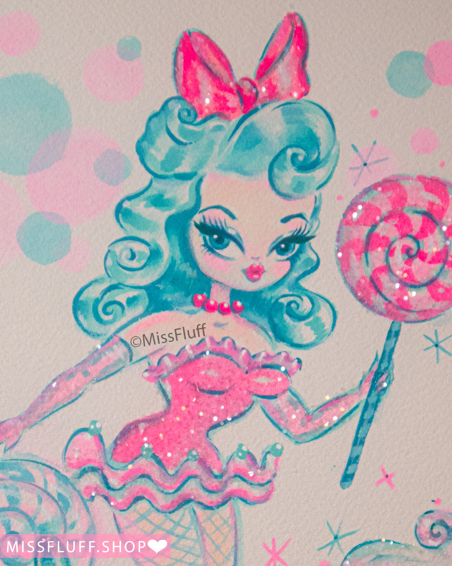 Lollipop Dolly with Mint Hair •  Original Framed Drawing 10 x12