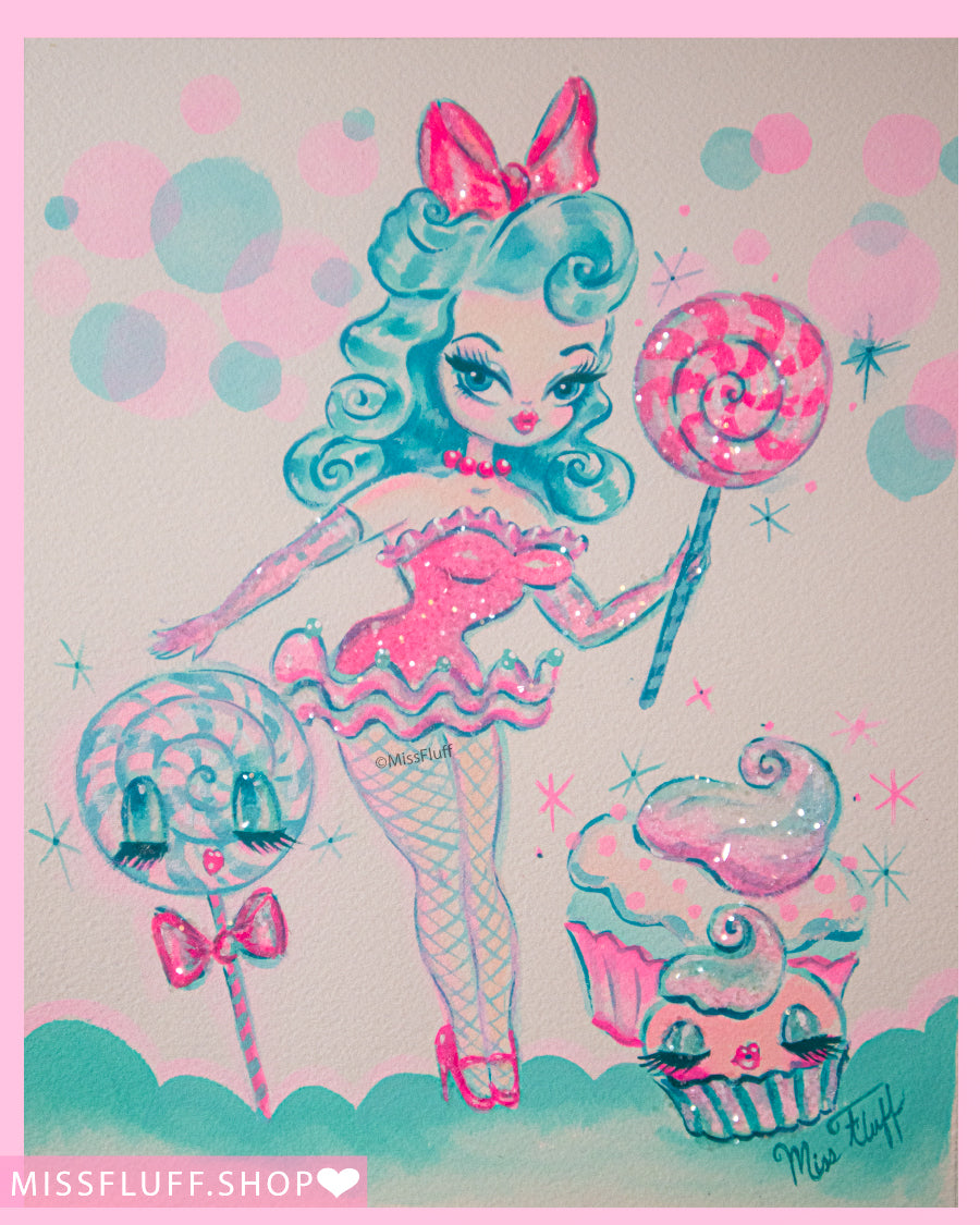 Lollipop Dolly with Mint Hair •  Original Framed Drawing 10 x12