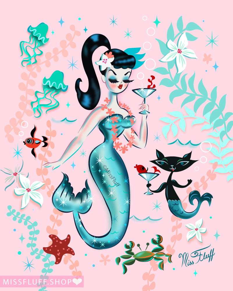 Brunette Martini Mermaid with Merkitty • Art Print