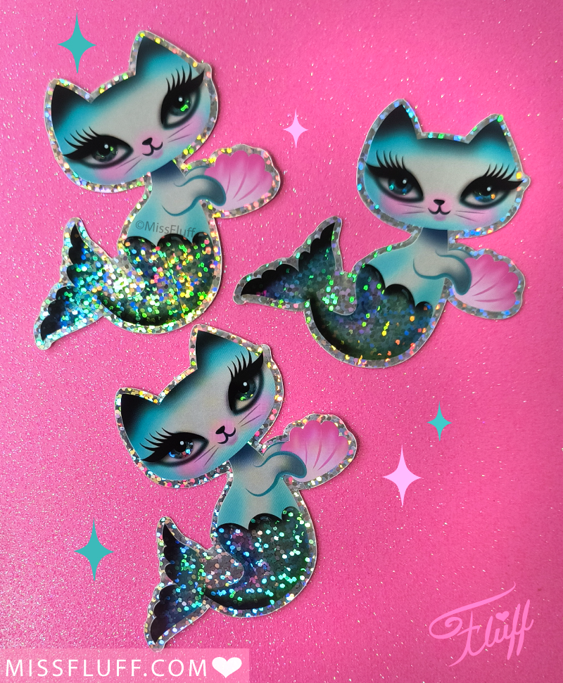 Merkitten with Sea Shell • Glitter Sticker Set