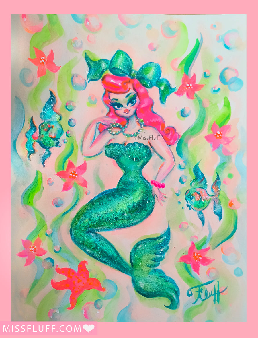 Glamour Mermaid with Bow - Original Drawing 9x12