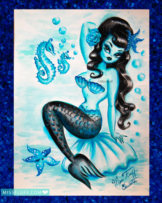 Mermaid on a Shell • All Blue- Original Drawing 9x12