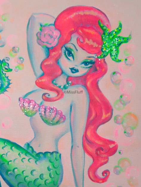 Coral Hair Mermaid on a Shell • Original Drawing 9x12
