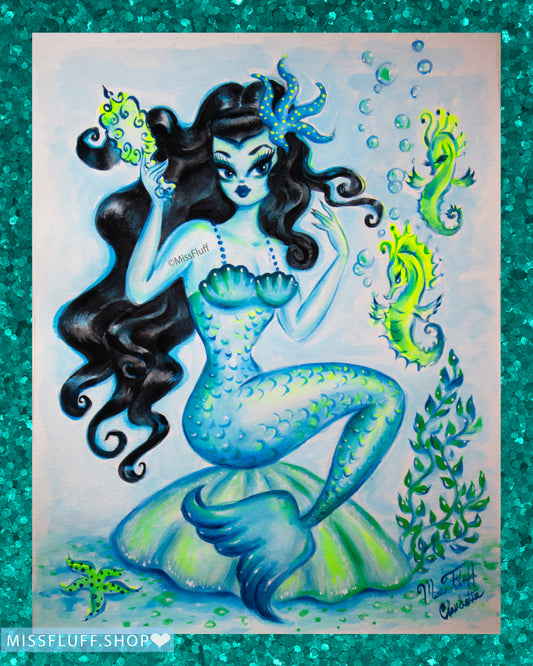 Mermaid Brushing her Raven Hair • Blues and Greens- Original Drawing 11x14