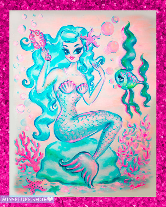 Mermaid Brushing her Candy Blue Hair- Original Drawing 11x14