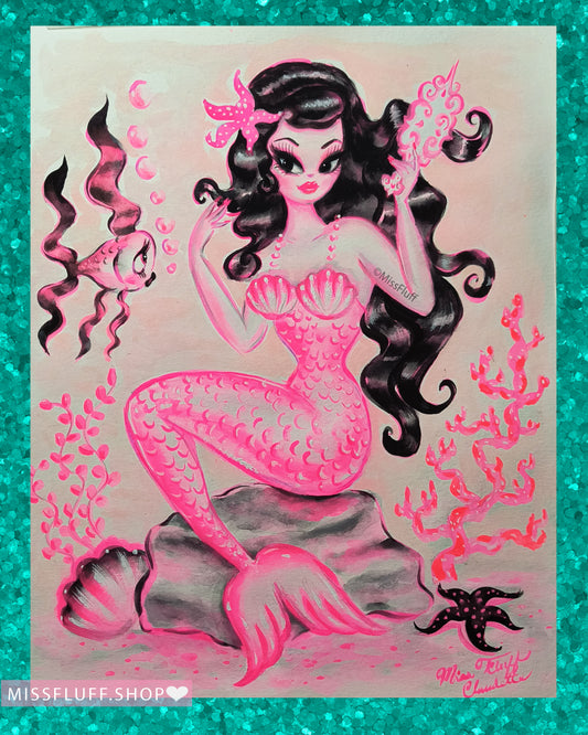 Mermaid Brushing her Hair • All Pinks- Original Drawing 11x14