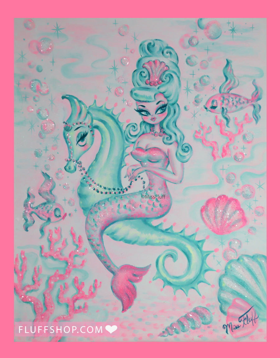 Mint Bouffant Mermaid on Seahorse • Original Drawing 11x14