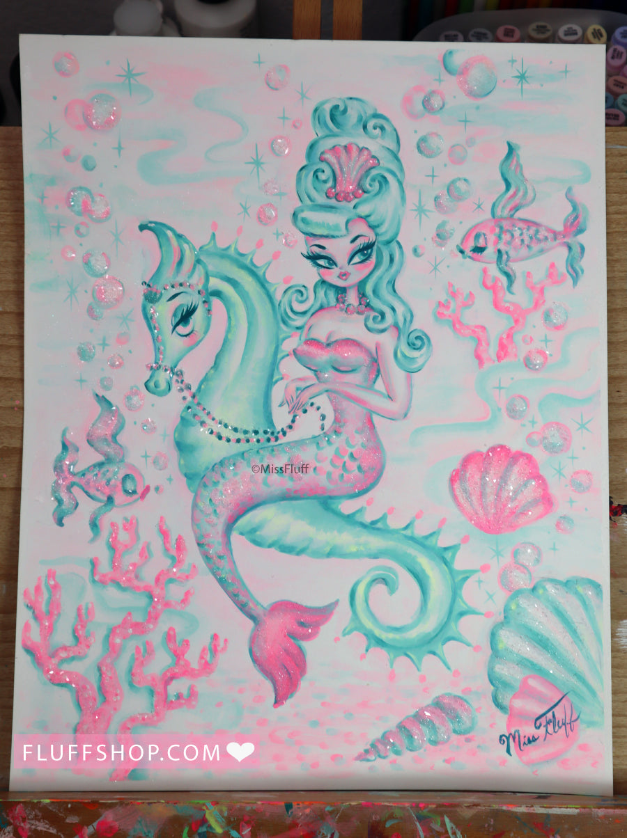 Mint Bouffant Mermaid on Seahorse • Original Drawing 11x14