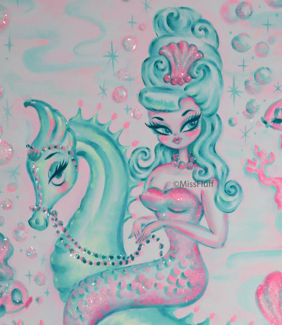 Mint Bouffant Mermaid on Seahorse • Original Drawing 11x14