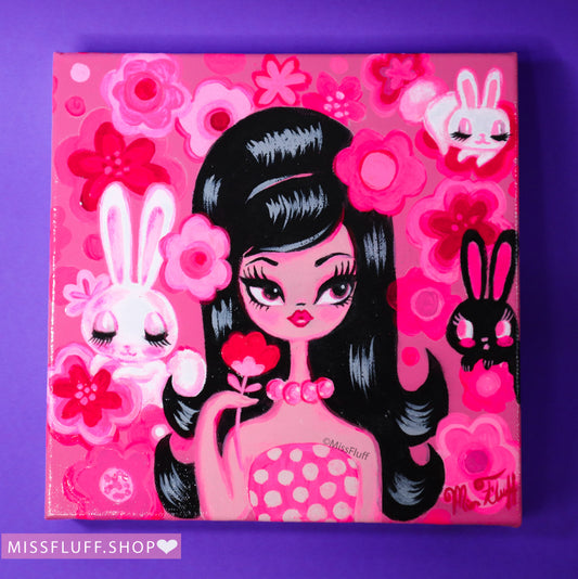 Mod Girl in Pinks with Flowers and Bunnies- Original Painting 10x10