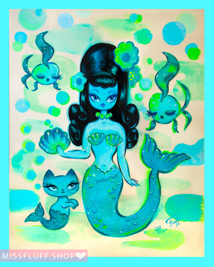 Mod Mermaid with Merkitten • Turquoise and Greens •  Original Drawing 11x14