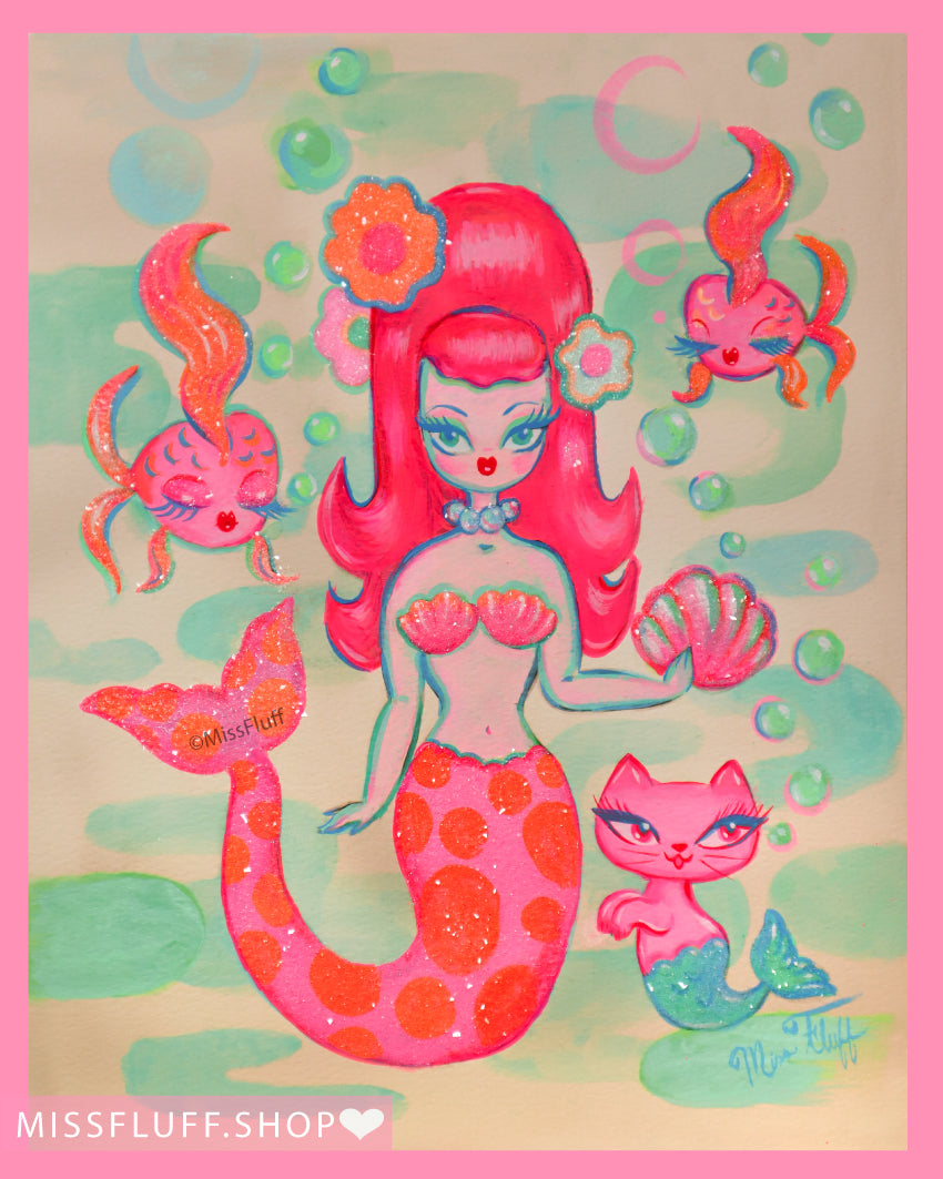 Mod Mermaid with Merkitten • Tangerine and Pink •  Original Drawing 11x14