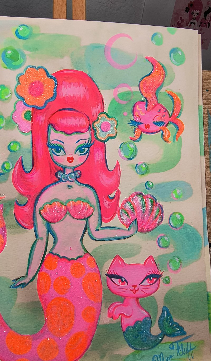 Mod Mermaid with Merkitten • Tangerine and Pink •  Original Drawing 11x14