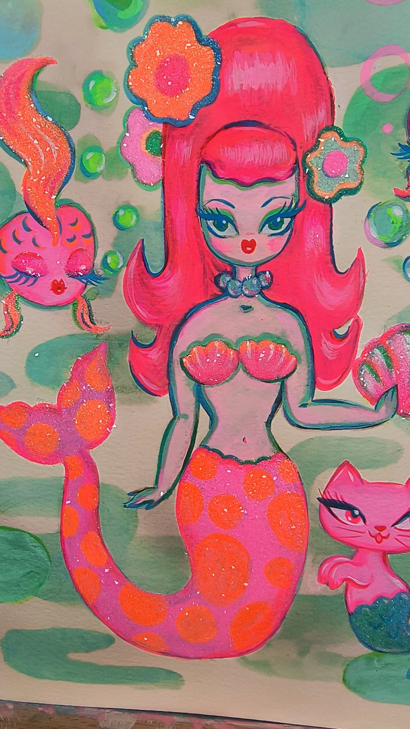 Mod Mermaid with Merkitten • Tangerine and Pink •  Original Drawing 11x14