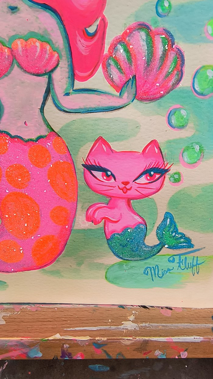 Mod Mermaid with Merkitten • Tangerine and Pink •  Original Drawing 11x14