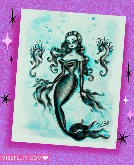 Morticia Mermaid • Signed & Glittered • Limited Edition Fine Art Giclee Print