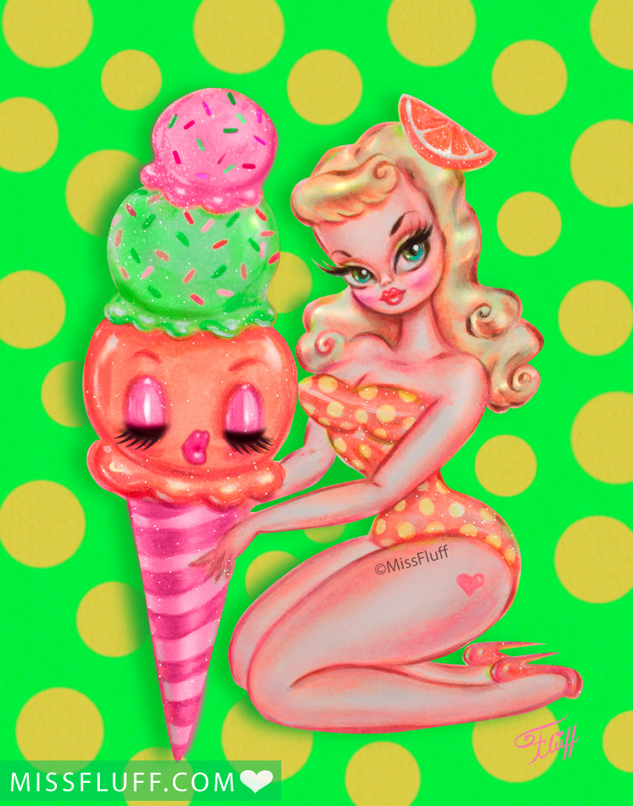 Orange Sherbet ice Cream Girl Green • Art Print