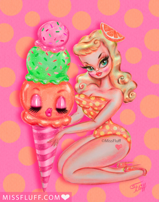 Orange Sherbet ice Cream Girl Pink • Art Print