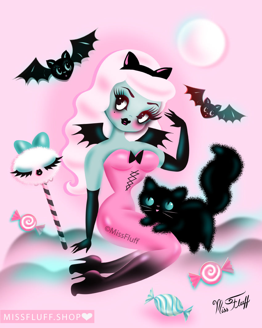 Pastel Candy Vampire with Kitty • Art Print