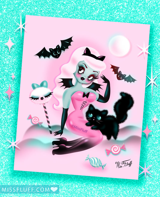 Pastel Candy Vampire with Kitty • Signed & Glittered • Limited Edition Fine Art Giclee Print