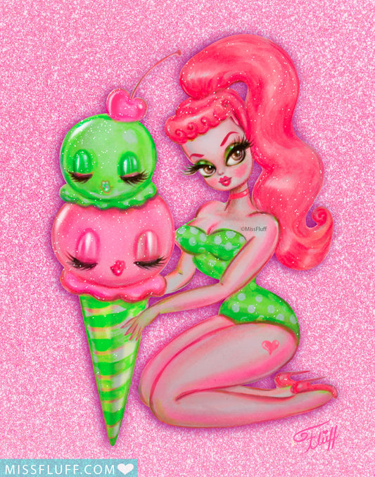 Pink Cherry and Lime ice Cream Girl • Art Print