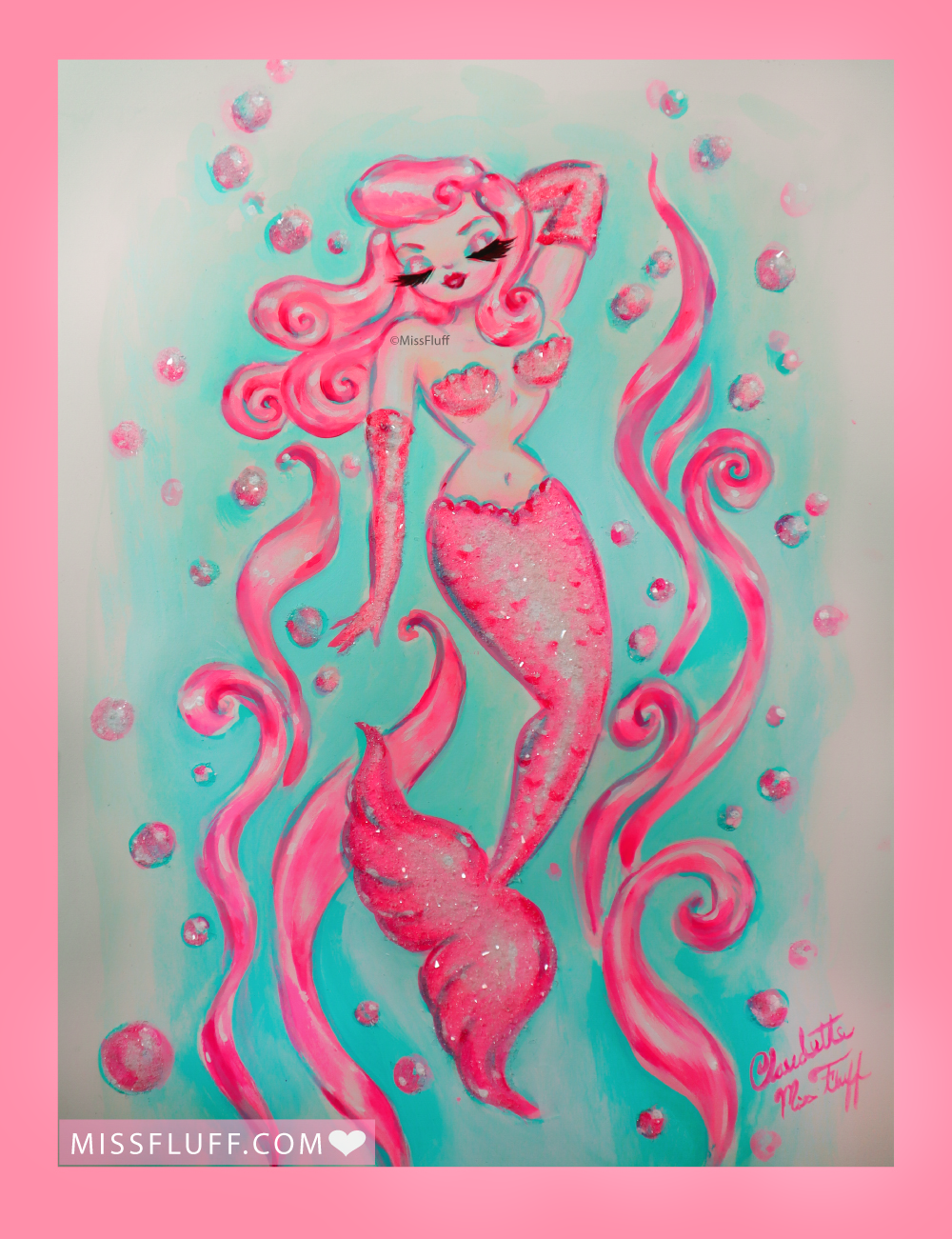 Dreamy Glamour Mermaid in Pinks - Original Drawing 9x12