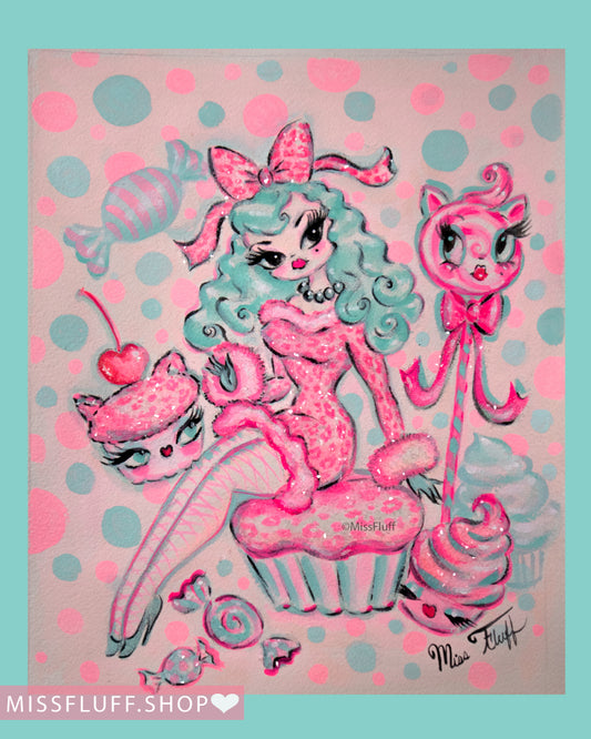 Pink Leopard Cupcake Doll - Original Drawing 8x10