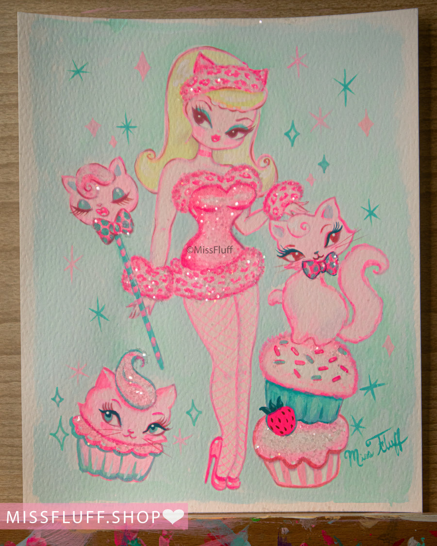 Pink Leopard Kitten Cupcake Doll • Original Framed Drawing 11x12.5