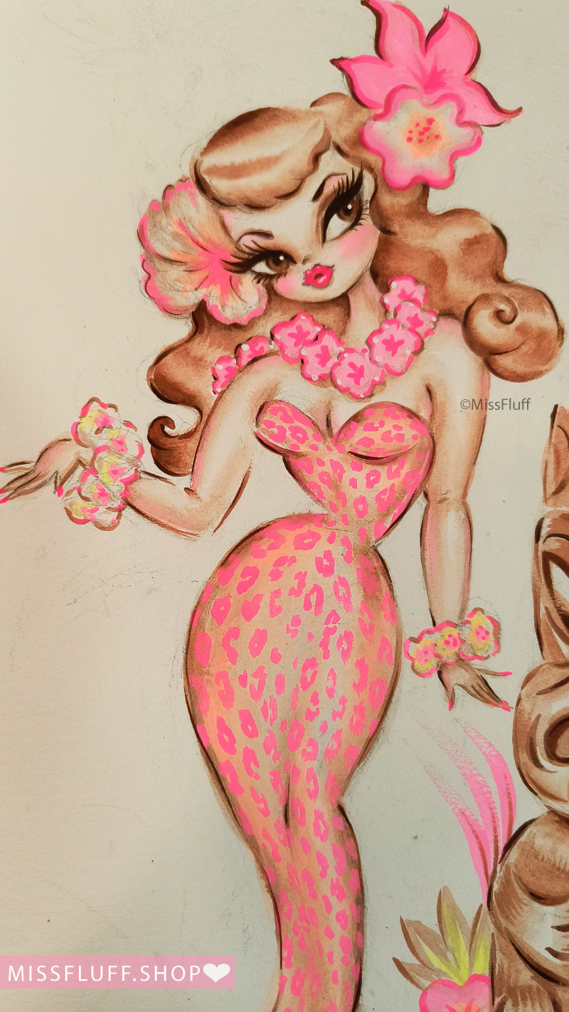Pink Leopard Tiki Doll • Original Drawing 9x12