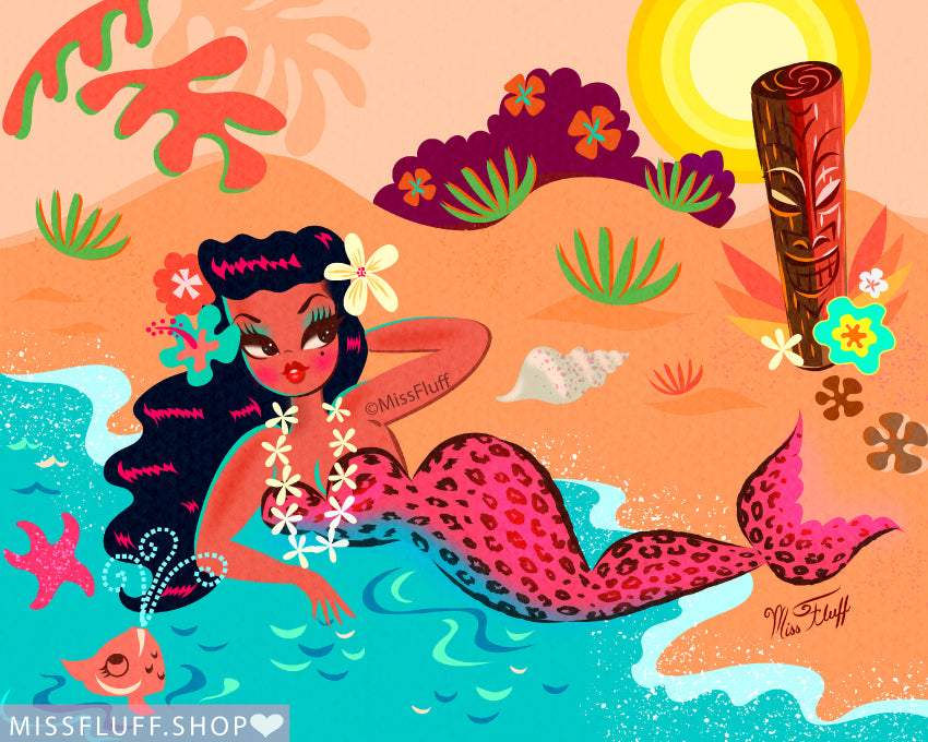 Pink Leopard Tiki Mermaid • Art print