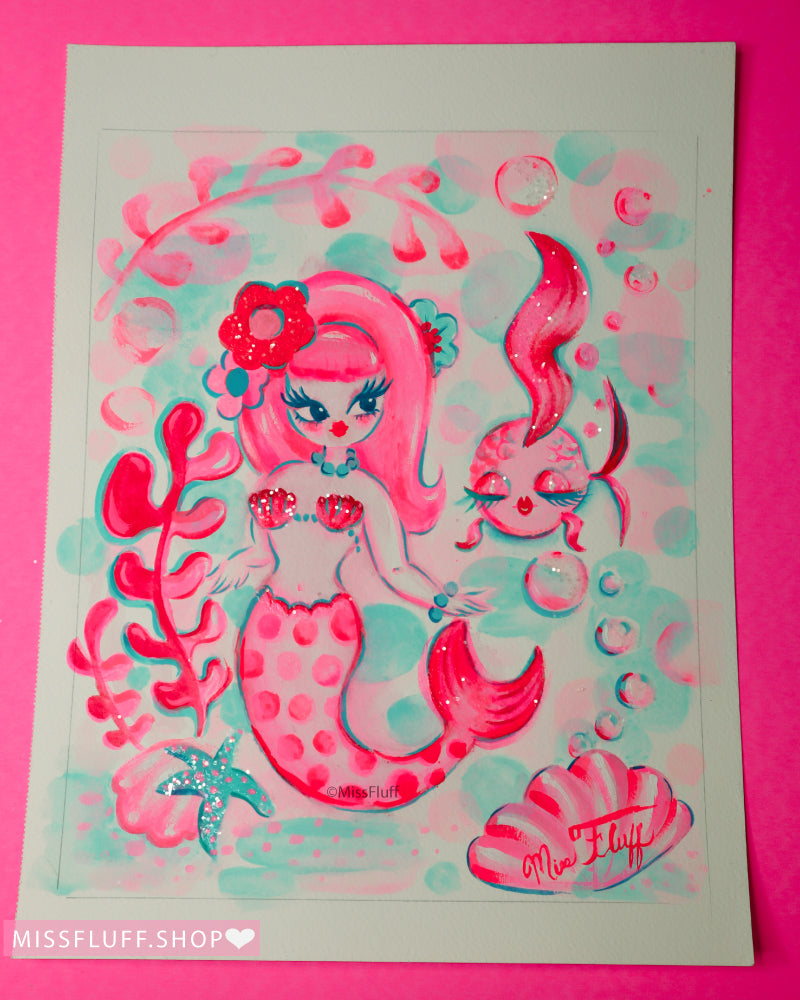 Candy Pink Mod Mermaid with Dozing Fish • Original Drawing 8x10