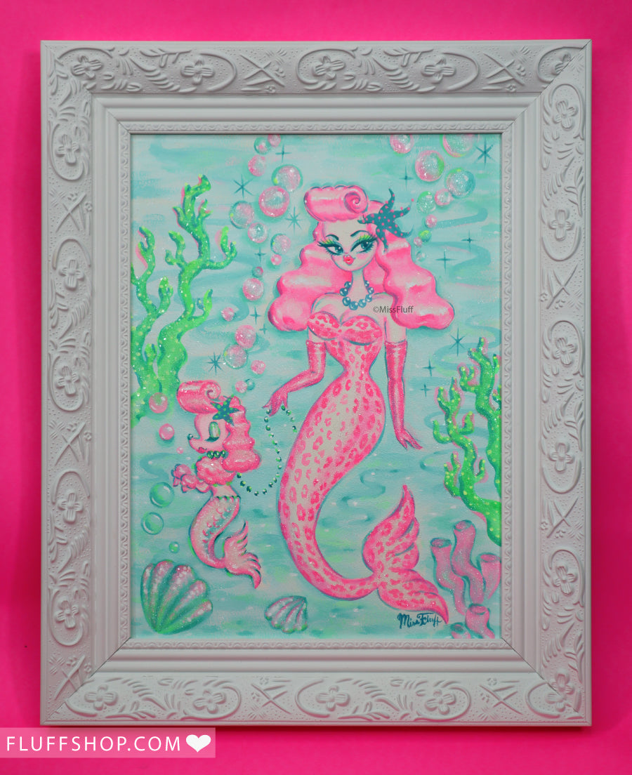 Pink Leopard Poodle Mermaid • Original Painting Framed 9x12