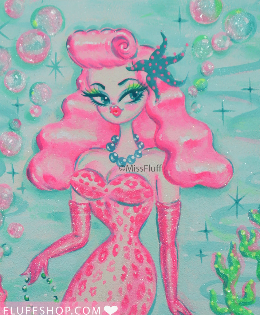 Pink Leopard Poodle Mermaid • Original Painting Framed 9x12 – Miss