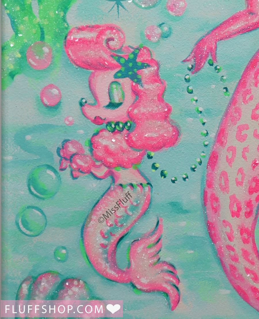 Pink Leopard Poodle Mermaid • Original Painting Framed 9x12