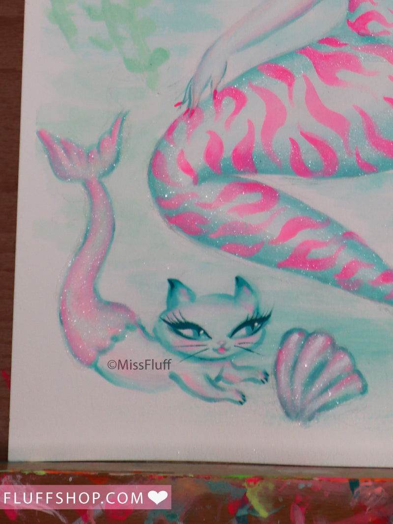 Pink Tiger Mermaid with Merkitten • Original Drawing 11x14
