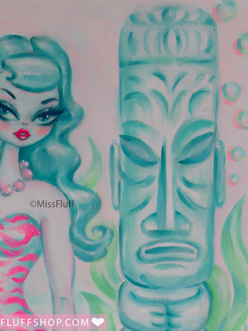 Pink Tiger Mermaid with Merkitten • Original Drawing 11x14
