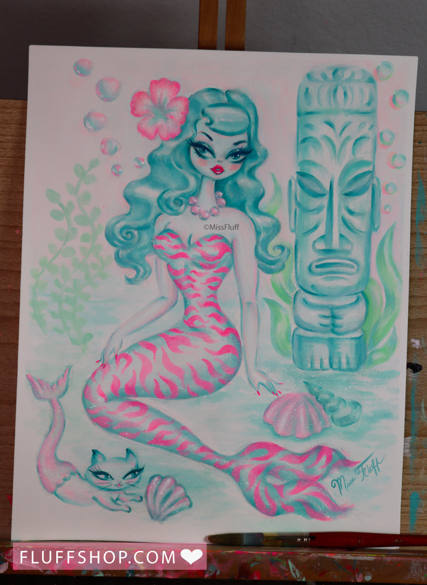Pink Tiger Mermaid with Merkitten • Original Drawing 11x14
